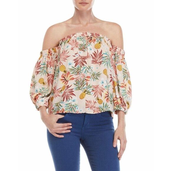 ROMEO‎ + JULIET COUTURE $98 Off-The-Shoulder Top Medium Tropical Print - Picture 3 of 5